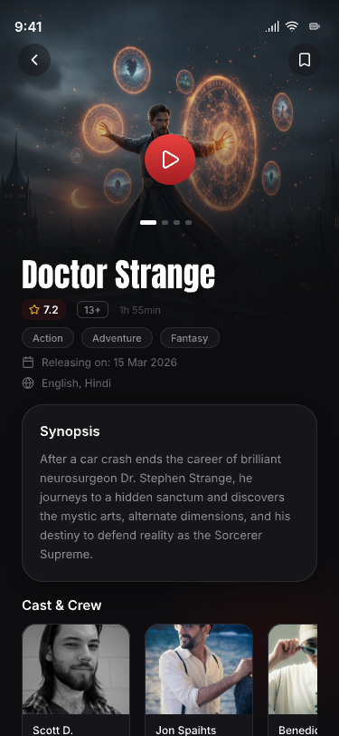 Movie details screen with synopsis, rating and cast