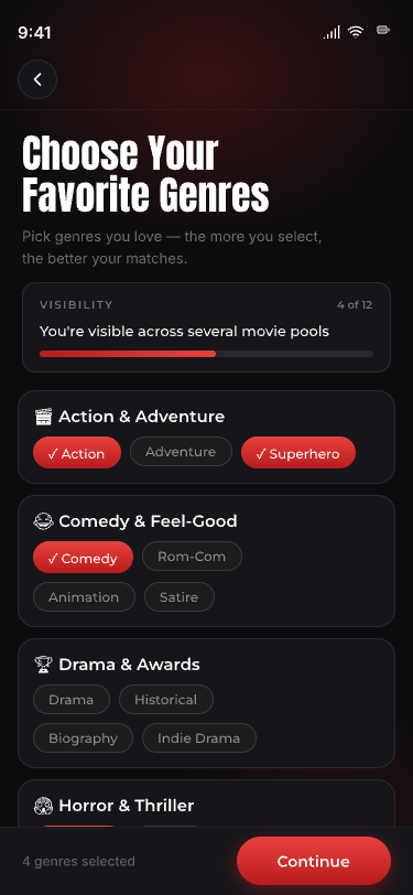 Genre picker screen for sharper matches