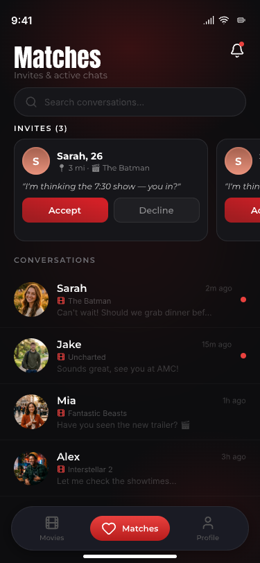 Matches tab with invites and active chats