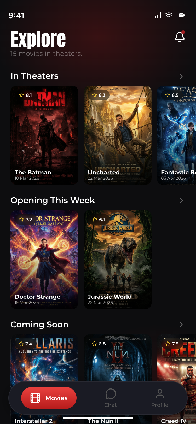 Movie Buddy Explore screen showing movies in theaters